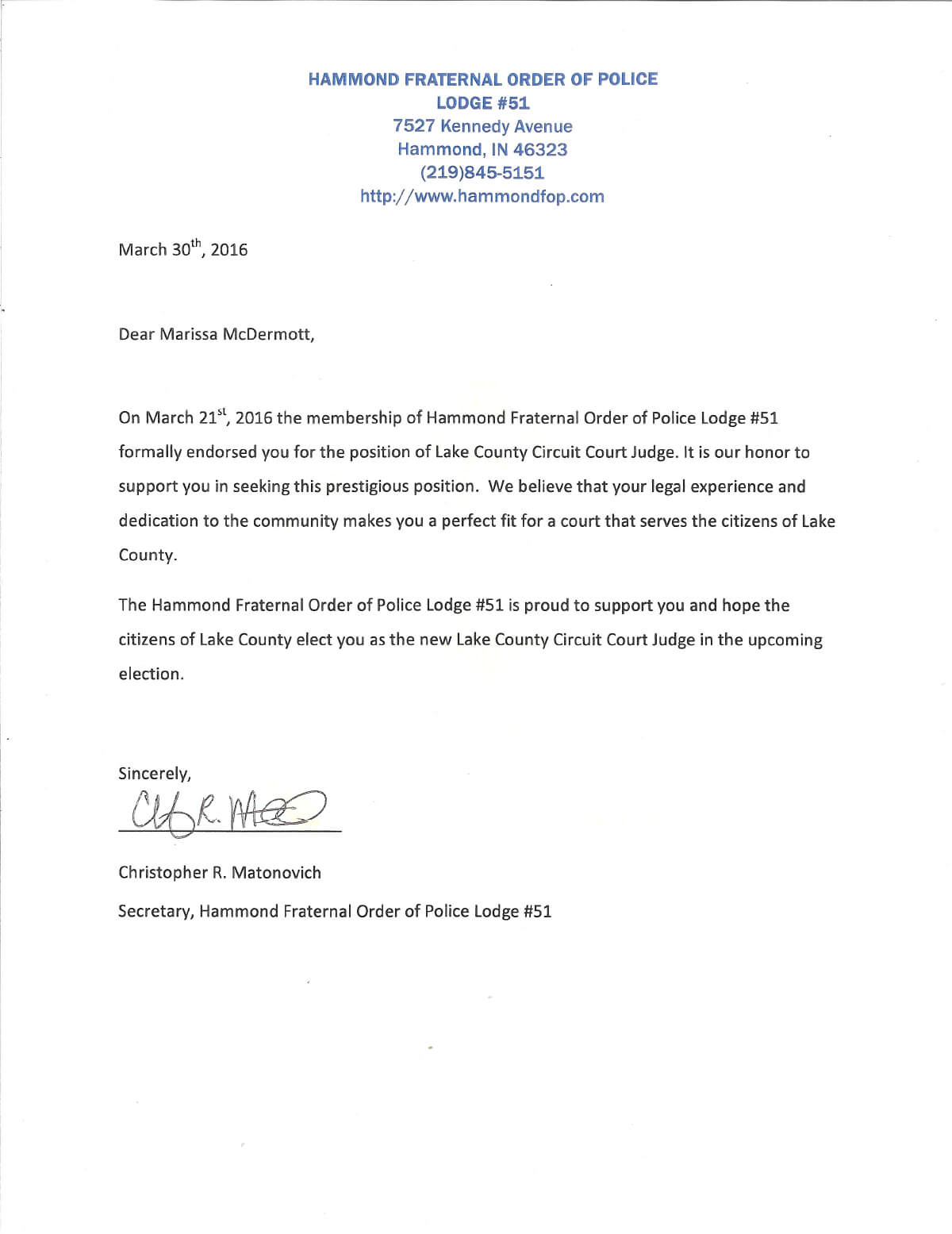 Hammond Fraternal Order of Police endorsement letter