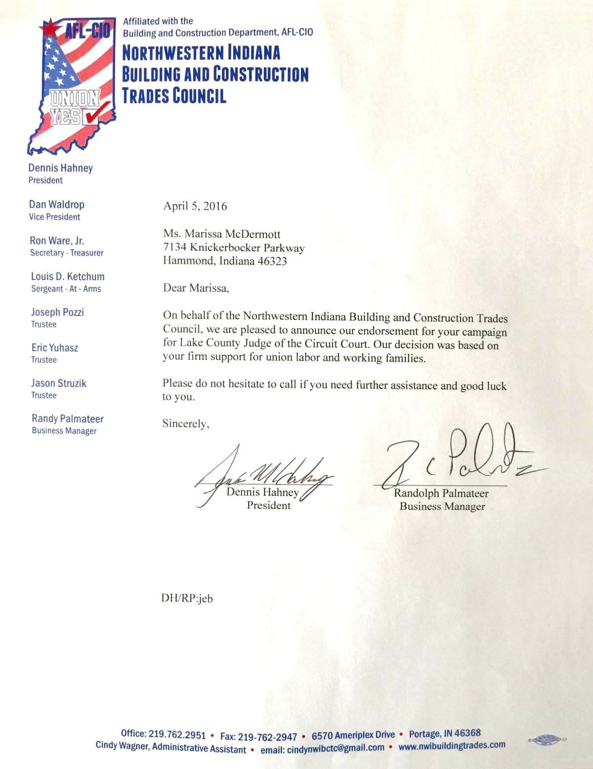 Northwestern Indiana Building &  Construction Trades Council endorsement letter